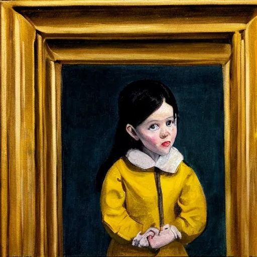 Image similar to a painting of a little girl with black hair and wearing a yellow coat in the middle of a cloister in an abbey by hopper