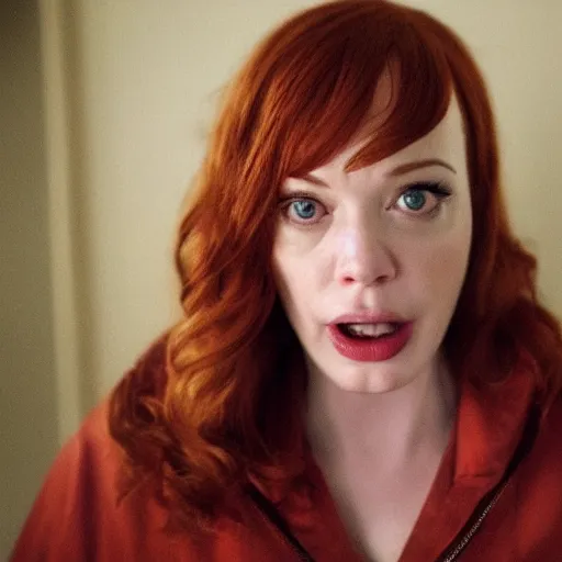 Image similar to amazing beautiful Christina Hendricks with mouth wide open in the living room, film still from the movie directed by Denis Villeneuve , wide lens