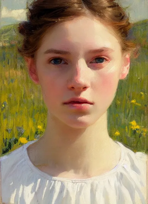 Image similar to portrait of girl dressed in white clothes , countryside, country style, country house, fantasy character portrait, dynamic pose, above view, view from above, sunny day, thunder clouds in the sky, artwork by Jeremy Lipkin and Giuseppe Dangelico Pino and Michael Garmash and rob rey, very coherent symmetrical artwork, perfect face, simple form, 100mm