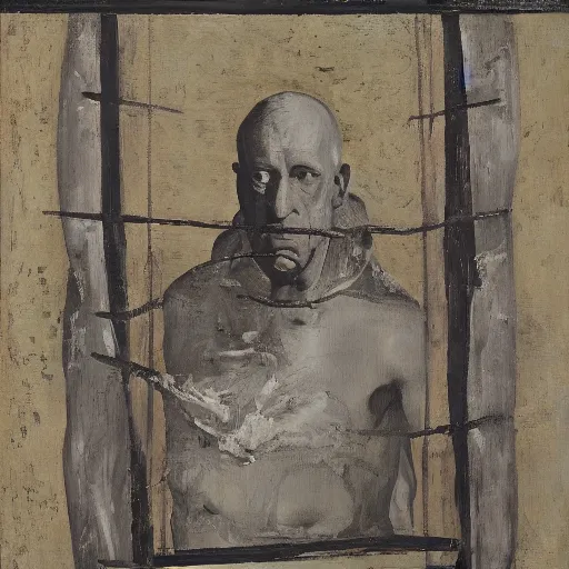 Prompt: Misterious portrait of Pope Innocent X in a cage in penumbra by Velasquez painting by Pablo Picasso and Chaïm Soutine and Alberto Giacometti and Francisco Goya, black and purple and gold, vhs glitch, white noise