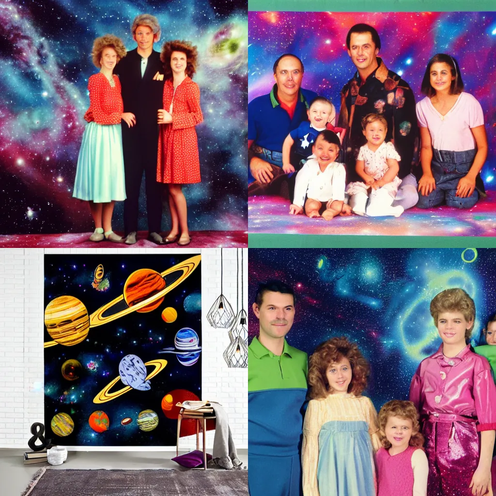 Prompt: Borgias family portrait 80s space backdrop