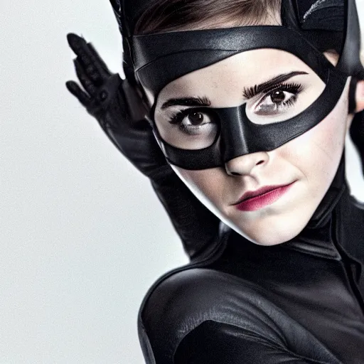 Image similar to Emma Watson as Catwoman, Fujifilm X-T3, 1/1250s at f/2.8, ISO 160, 84mm, 8K, RAW, symmetrical balance, Dolby Vision, HDR, face retouch