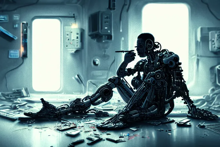 Prompt: Ultra realistic illustration, beautiful alluring damaged cyborg sitting on the floor of a destroyed spaceship, smoking a cigarette while being put back together in an super advanced military medical bay, cyberpunk, sci-fi, fantasy, sparks, small flames, smoke, intricate, elegant, highly detailed, digital painting, artstation, concept art, smooth, sharp focus, illustration, gorgeous cinematic lighting, art by artgerm and greg rutkowski and alphonse mucha