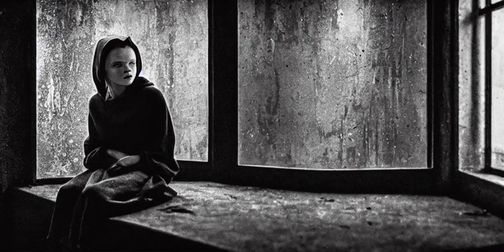 Prompt: at night, sadie sink in hoodie sits on windowsill, knees tucked in | rain falls, old brick wall with ussr propaganda posters : imax b & w film stock, anamorphic, single long shot from schindler's list by steven spielberg. cyberpunk, cinematic atmosphere, detailed and intricate, perfect anatomy