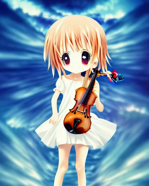 Prompt: anime style, chibi, full body, a cute girl with white skin and golden long wavy hair holding a violin and playing a song, heavenly, stunning, realistic light and shadow effects, modern art, realism, centered, landscape shot, happy, simple background, by wlop