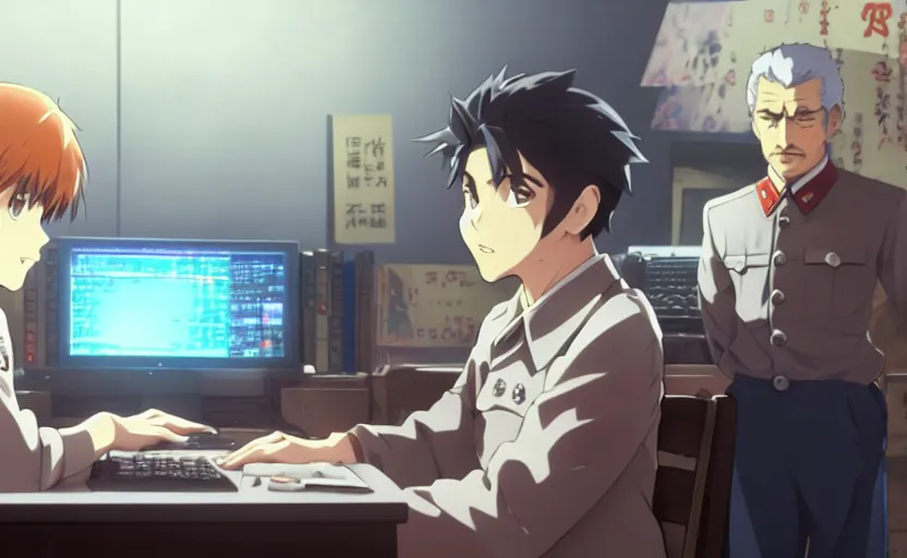 Prompt: film still anime angry realistic josef stalin trading bitcoin in front of computer, finely detailed features, closeup at the faces, perfect art, gapmoe yandere, trending on pixiv fanbox, painted by craig mullins makoto shinkai takashi takeuchi studio ghibli, akihiko yoshida,