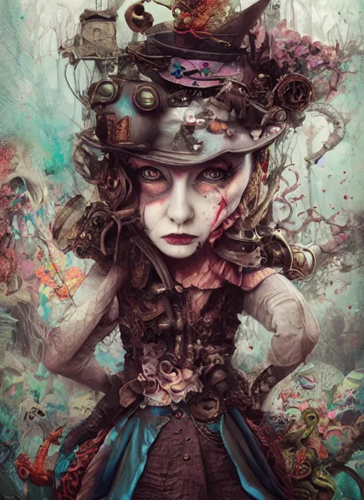 Prompt: alice in wonderland, angry, scary, cheeky, steampunk googles, highly detailed, cinematic, 8 k, by megan duncanson, benjamin lacombe, stanley artgermm, tom bagshaw, craig mullins, carne griffiths, ayami kojima, beksinski, giger, trending on deviantart, hyper detailed, horror, full of colour