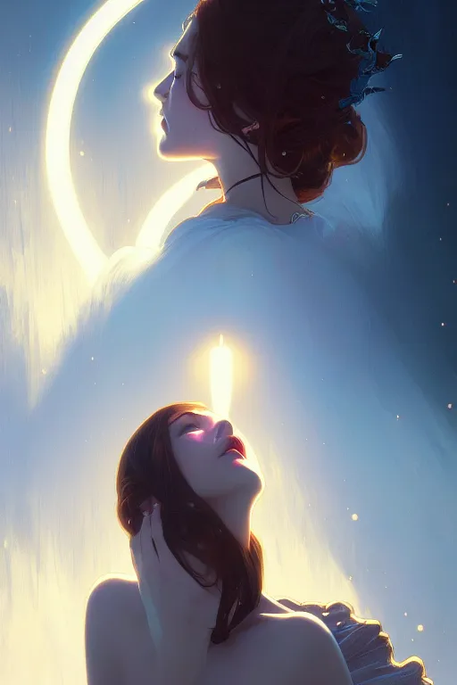 Image similar to the kiss, light from above, fantasy, portrait, sharp focus, intricate, elegant, digital painting, artstation, matte, highly detailed, concept art, illustration, ambient lighting, art by ilya kuvshinov, artgerm, alphonse mucha, and greg rutkowski