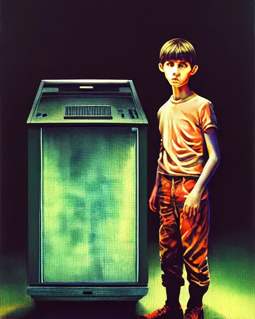 Prompt: an 8 years old enlightened and scared boy standing in front of an old computer with a game doom2 at the monitor screen painted by Adrian Ghenie, by Gerhard Richter. still from a 2021 movie by James Cameron. expressive acrylic oil flowing smudged painting