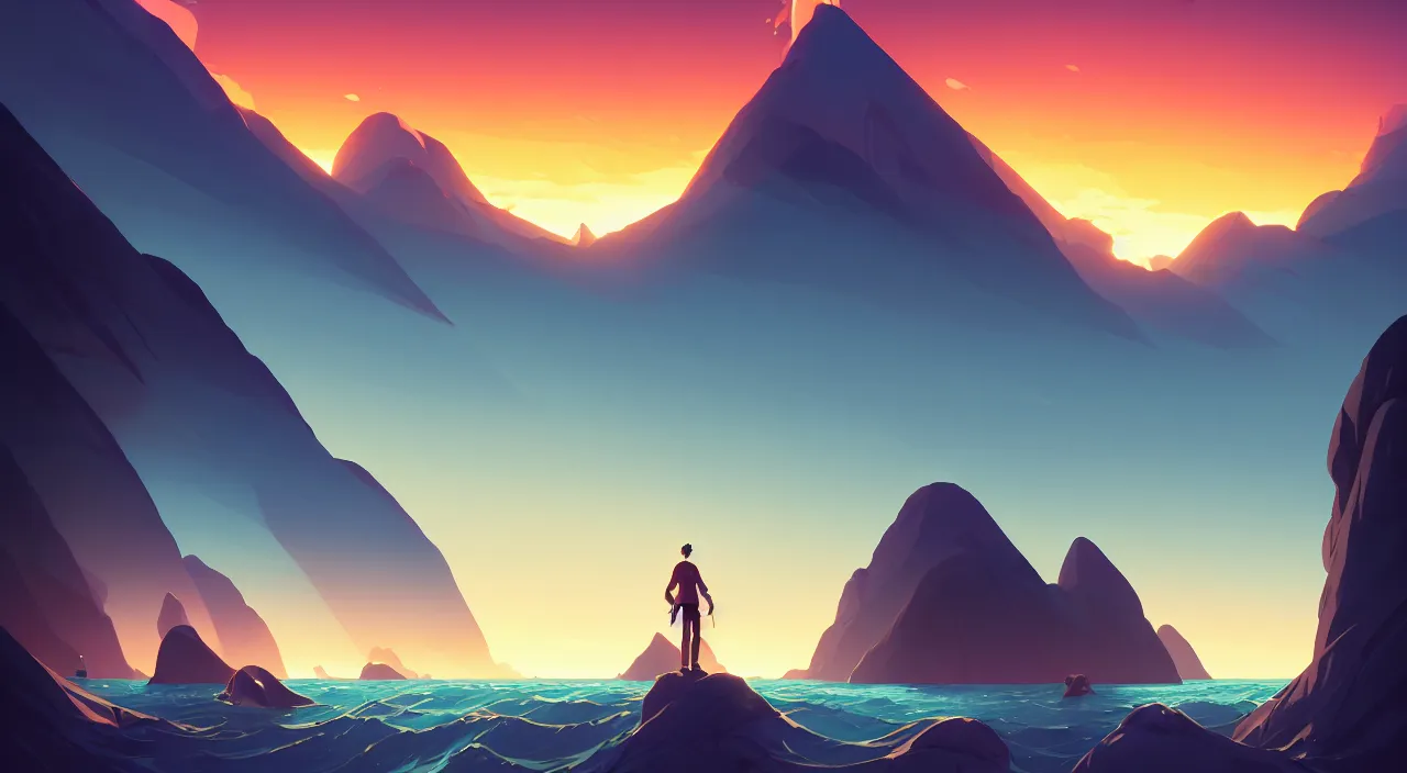 Image similar to a man who has a green square instead of a head in the middle of the ocean at sunset mountains are visible in the background, in marble incrusted of legends heartstone official fanart behance hd by Jesper Ejsing, by RHADS, Makoto Shinkai and Lois van baarle, ilya kuvshinov, rossdraws global illumination