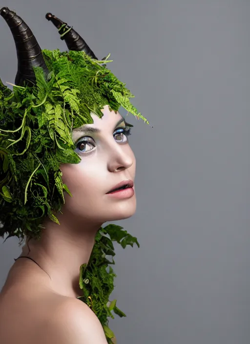 Image similar to a photo of a female model, organic headpiece, fern, vines, horn, moss, fashion photography, realistic, hyperdetails, dark grey backdrop studio, body paint