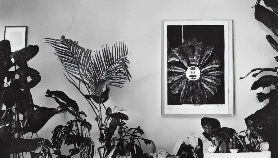 Prompt: A black and white photography of an exhibition space with objects of Sun Ra, Marcel Duchamp and tropical plants, 60s, offset lithography print, newspaper, distant shot