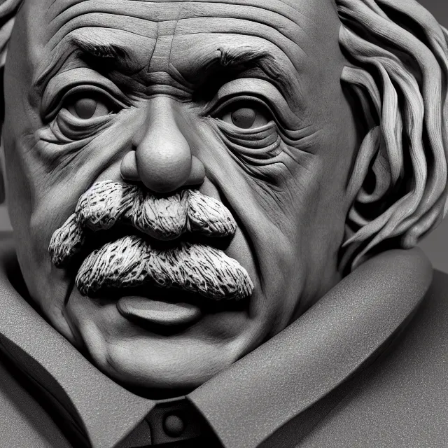 Image similar to photography of a sculpture of Albert Einstein made of clay by Sebastian Kruger and Michelangelo, 50mm, studio atmosphere, 8K, rim light, octane render, ultra-realistic