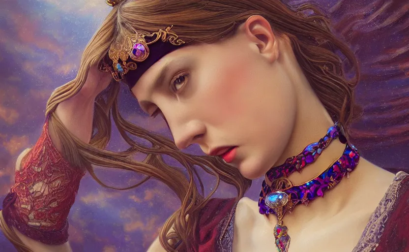 Image similar to highly detailed oil painting, centered in image, art nouveau, ornate, delicate, brilliant magical gemstones choker, around a neck, octane render, realistic, dramatic light,