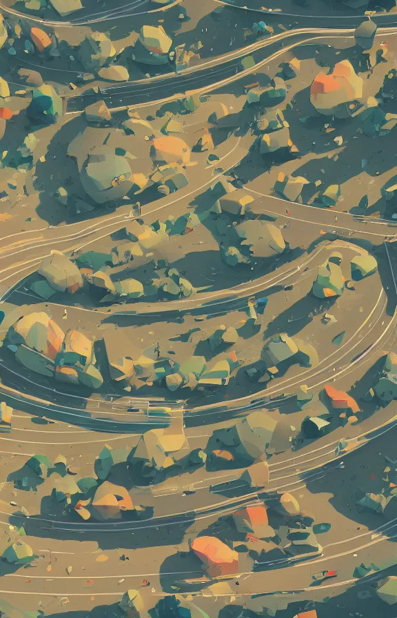 Image similar to roads on a hill, sharp focus, james gilleard, zoomed in, print, game art