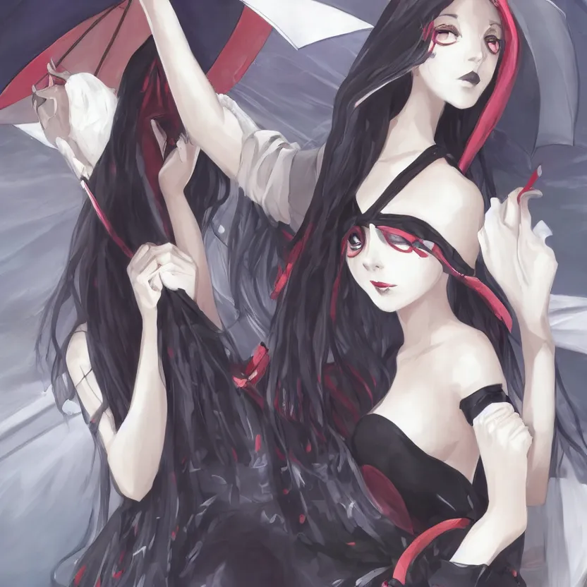 Prompt: portrait of a beautiful and grim vampire queen in the shade underneath a large beach umbrella, trending on pixiv