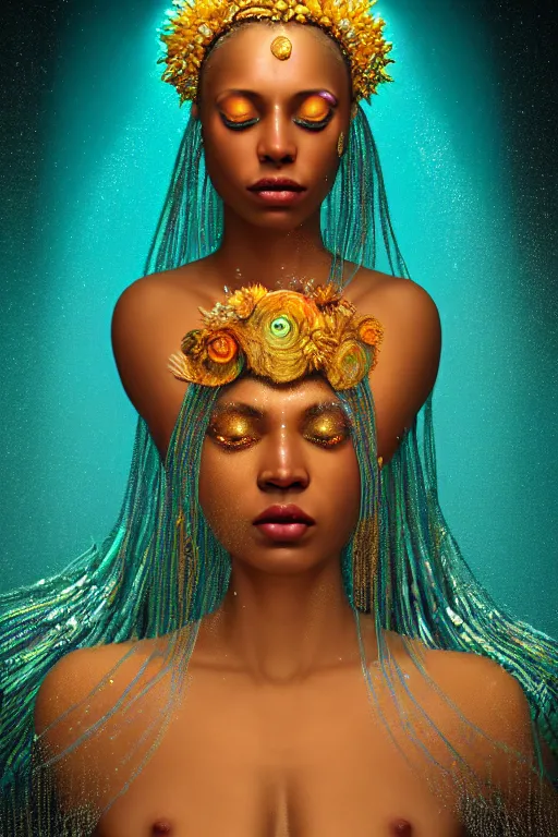 Image similar to hyperrealistic post - symbolist cinematic very beautiful! oshun goddess with white eyes, yoruba body paint, dripping mirror droplet jewerly, gold flowers, highly detailed digital art masterpiece, smooth etienne sandorfi eric zener dramatic pearlescent soft teal light, ground angle uhd 8 k, sharp focus
