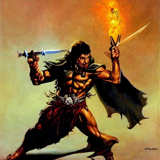 Prompt: wizard wielding the sword of truth by frank frazetta