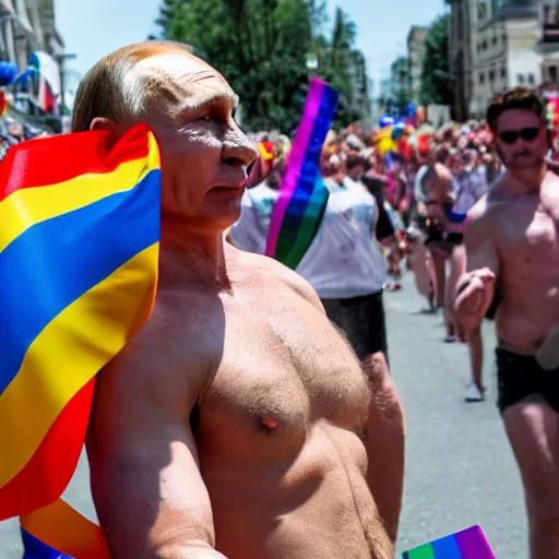 Prompt: putin in a pride parade lifted by large hairy men, film still, photography, high detail, 8 k, 4 k, focused