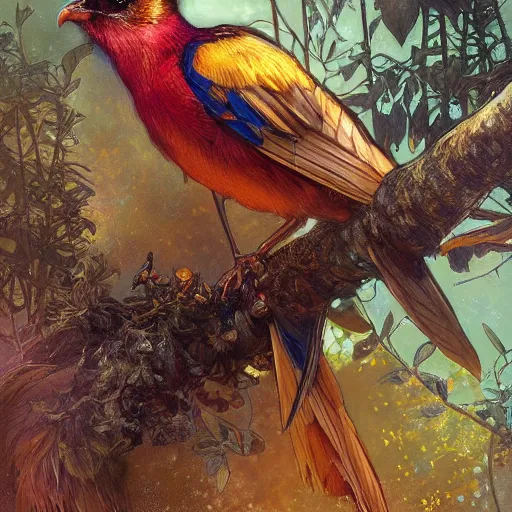 Image similar to close up of colorful bird, golden crown, dark, rusty, fantasy forest, highly detailed, realistic, artstation, concept art, smooth, sharp focus, illustration, art by artgerm and greg rutkowski and alphonse mucha