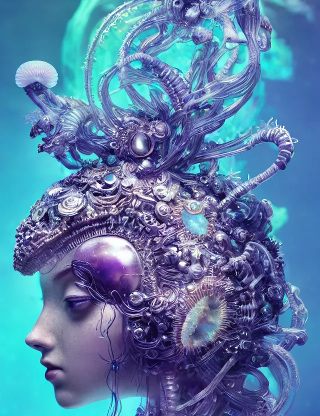 Image similar to goddess macro close - up portrait in crown made of ram skull. betta fish, jellyfish phoenix, bioluminiscent, plasma, ice, water, wind, creature, super intricate ornaments artwork by tooth wu and wlop and beeple and greg rutkowski