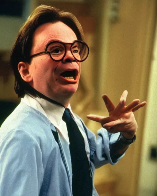 Prompt: mike myers as professor philip brainard in flubber, 1 9 9 7, movie still