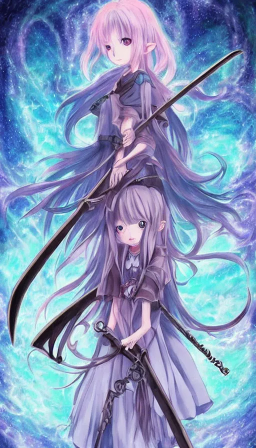 Image similar to a beautiful link drawing of the being death as a cute anime girl with a giant scythe from a studio ghibli film inspired by the death tarot card, dark vibes, pastel colors, cosmic, high quality