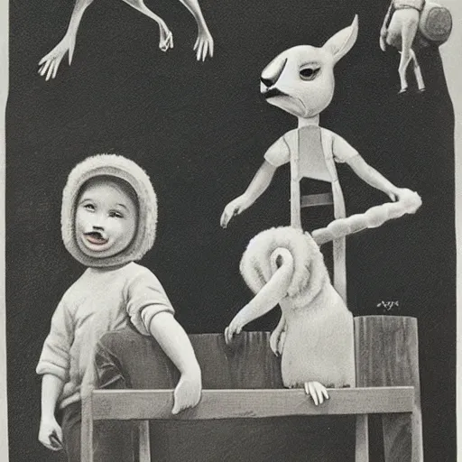 Image similar to vintage artwork of children on a playground wearing different animal masks,