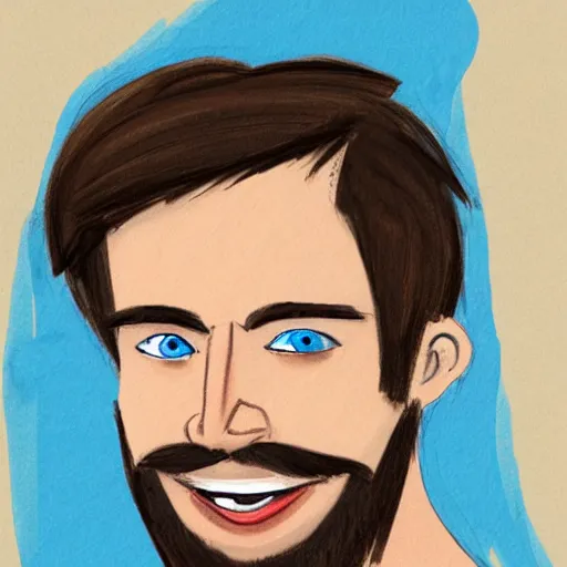 Image similar to sketch of a caucasian face, medium long brown hair, bad skin, short beard, skinny, blue eyes, smiling, ultrarealistic