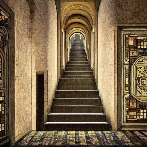 Image similar to fine concept art of a scene representation inspired by the song Hall of the Stairs / Hall of the Mosaics by Andreas Vollenweider, highly realistic and detailed, intricate, photorealistic, cinematic lighting