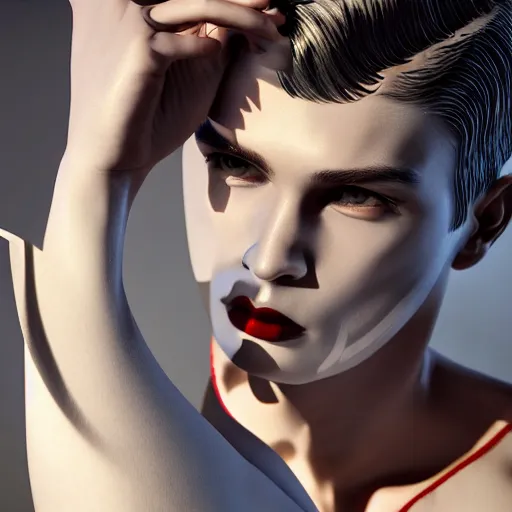 Prompt: innovative avant-garde art, deco fashion, young boy with sharp jawline, royal theme, highly detailed, photorealistic portrait, crisp quality and light reflections, unreal engine 5 quality render