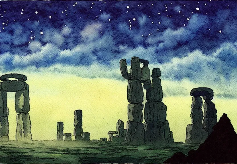 Prompt: a simple watercolor studio ghibli movie still fantasy concept art of a giant shaman from howl's moving castle ( 2 0 0 4 ) towering above stonehenge in the ocean. it is a misty starry night. by rebecca guay, michael kaluta, charles vess