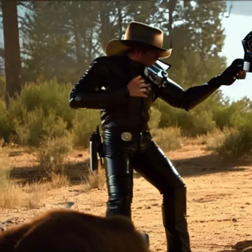 Image similar to a terminator android dressed as a cowboy while mounting a bear, 8 k, movie still, high detail, hyperrealistic