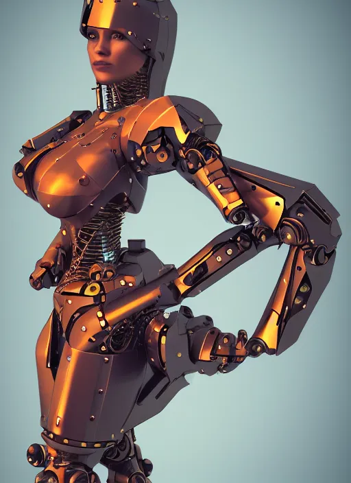 Prompt: woman, beautiful, cyborg, low-poly, steampunk color scheme, hydro integration, robot, close-up shot