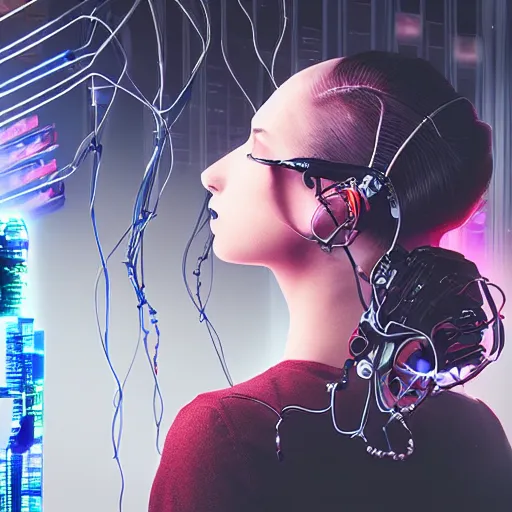 Prompt: a woman stealing a young woman's dreams from her head, cyberpunk, cybernetic implants, wires, cables,