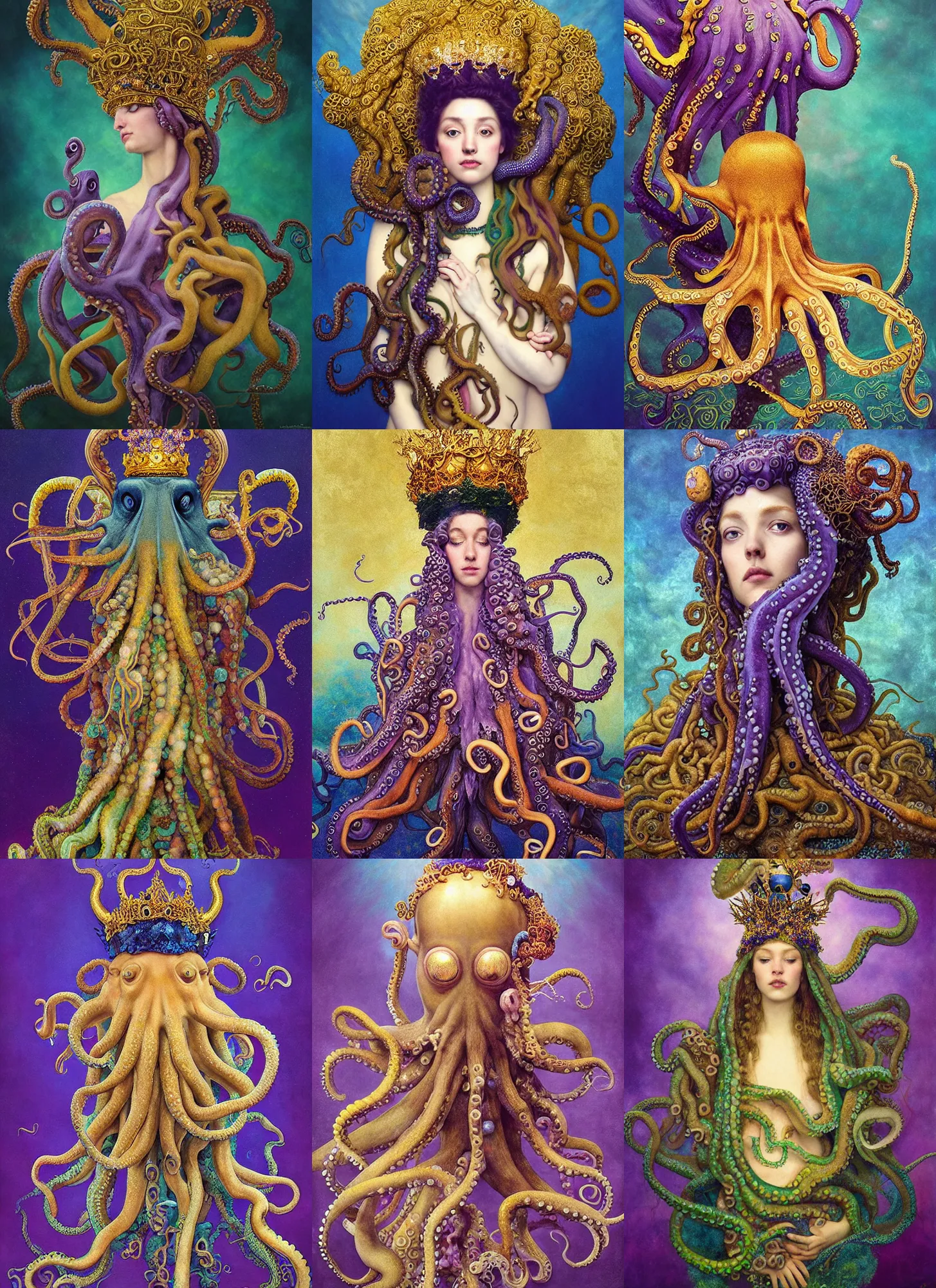 Prompt: “A majestic portrait of a octopus wearing a crown, wearing a scarf of seaweed, graceful octopus, titian, Tom Bagshaw, Sam Spratt, maxfield parrish, gustav klimt, high detail, 8k, underwater light rays, intricate, vibrant iridescent colors, purple blue and gold”