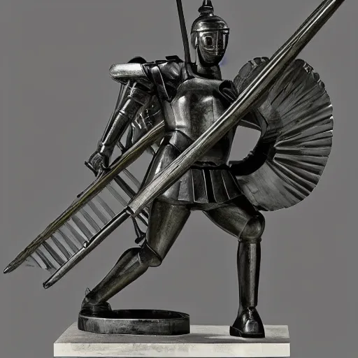 Prompt: [Sculpture of St.Georges fighting a windmill in the style of futurist brutalism, concrete, in an art gallery]