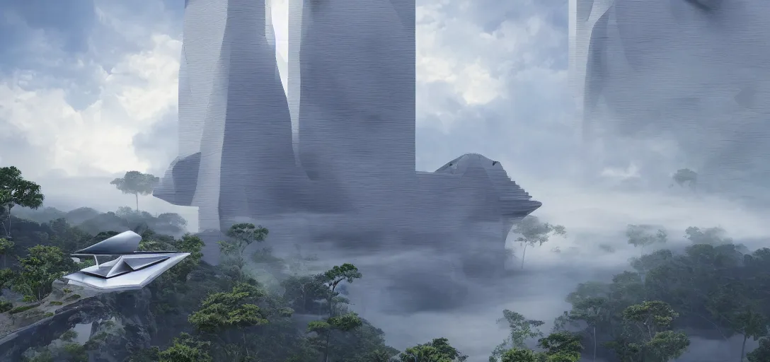 Prompt: highly detailed futuristic temple architecture in the clouds by Tadao Ando and, reflective lighting, holographic, stylized vegetation, ground-level view, stunning sunny lighting, sunrise, foggy atmosphere, waterfalls, vivid colors, lights, in the style of pixar animation, trending on Artstation, 8k, matte painting, ray tracing, hyper detailed, unreal engine 5, cinematic, epic lighting, cryengine, octane render, cyberpunk, red and orange glow, vibrant
