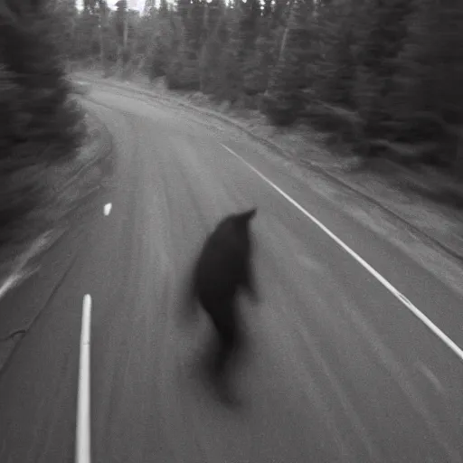 Prompt: footage of a sasquatch caught on a wildcamera, black and white, blurry footage, wild camera, night