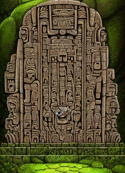 Image similar to wide angle shot inca temple stone carvings, intricate, mossy, overgrown, elegant, highly detailed, centered, digital painting, artstation, concept art, smooth, sharp focus, illustration, artgerm, tomasz alen kopera, peter mohrbacher, donato giancola, joseph christian leyendecker, wlop, boris vallejo