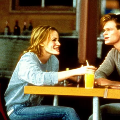 Prompt: Julia Roberts as a student sitting in a college pub, talking to the very handsome blond bartender and eating a big fish, stills photo from the movie Good Will hunting