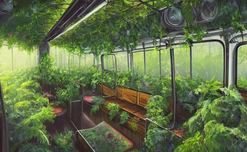 Image similar to A beautiful interior of an overgrown bus full of lush plants, rich vines and verdant flowers, digital art, trending on Artstation, thick atmosphere, fireflies flying around, 4k wallpaper