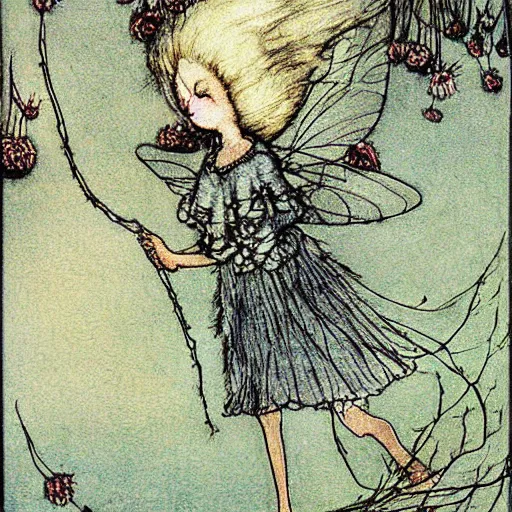 Prompt: a beautiful fairytale painting of a dandelion seed that is also a fluffy fairy. the dandelion seed is the body of the fairy. beautiful clear painting by arthur rackham