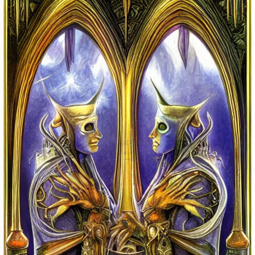 Image similar to detailed and sharp gemini artwork, mystic style, detailed, 8 k, detailed, symmetrical, by brian froud