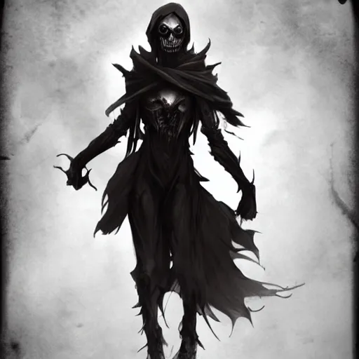 Image similar to female wraith, undead, dynamic pose, skull, terrifying, dark, fog, artstation