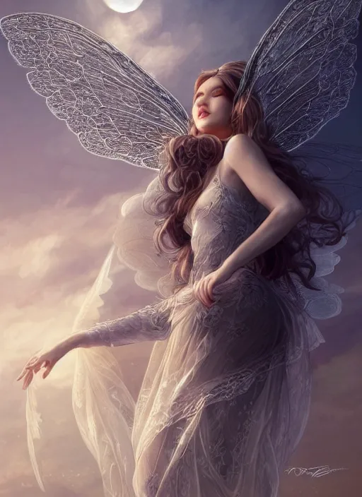 Image similar to full body portrait of a beautiful fairy women with wings of lace, by artgerm, sunny day, highly detailed, perfect lighting, perfect composition, symmetry, detailed features, 4 k, by alan lee, by derek zabrocki, by greg rutkowski