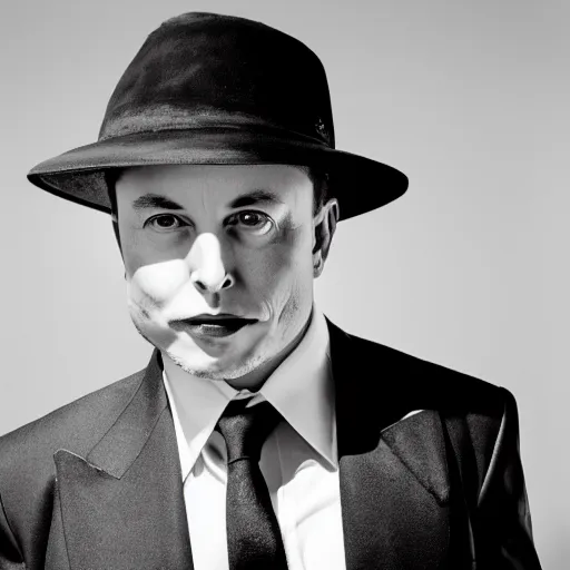 Image similar to a glamorous black and white portrait of elon musk with a hat, in the style of helmut newton