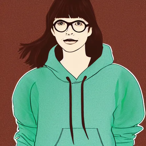 Prompt: portrait of a teenage girl with bangs, brown hair and bangs, round silver glasses, wearing a pastel green hoodie with black sleeves, digital art, elegant pose, simple illustration with thick lineart