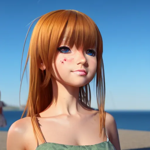 Image similar to Render of a very beautiful 3d anime girl, long hair, hazel eyes, cute freckles, full round face, short smile, cute sundress, golden hour, serene beach setting, medium shot, mid-shot, highly detailed, trending on Artstation, Unreal Engine 4k