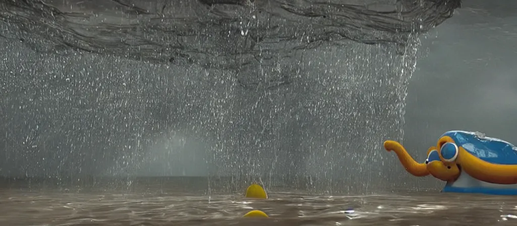 Prompt: A Still of one giant OctoDad emerged from the ocean, water dripping off him, Octodad is gigantic, a tiny boat in the water beneath Octodad, you can see this from the beach looking out into a dark a storming ocean, Movie shot film, gloomy very misty, Octodad is going towards a City, you can see a City next to a Beach